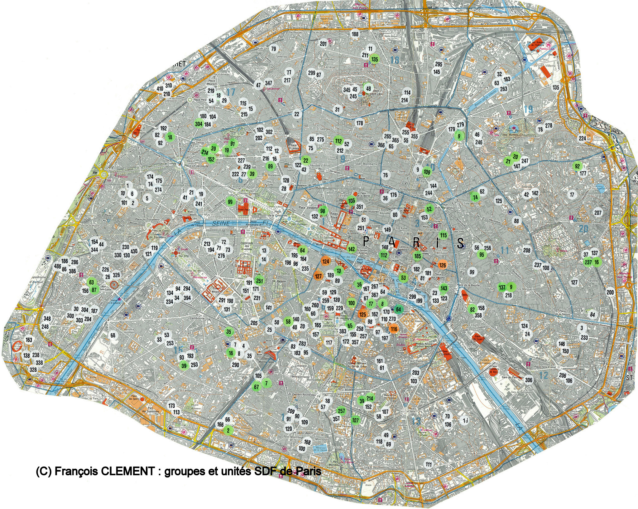 carte de l'implantation des groupes et unités SDF de Paris