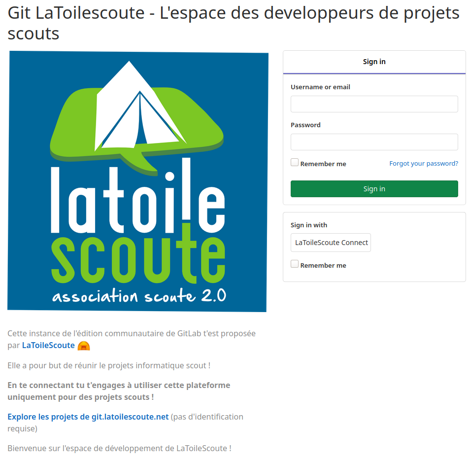 Page d'accueil du Gitlab LaToileScoute